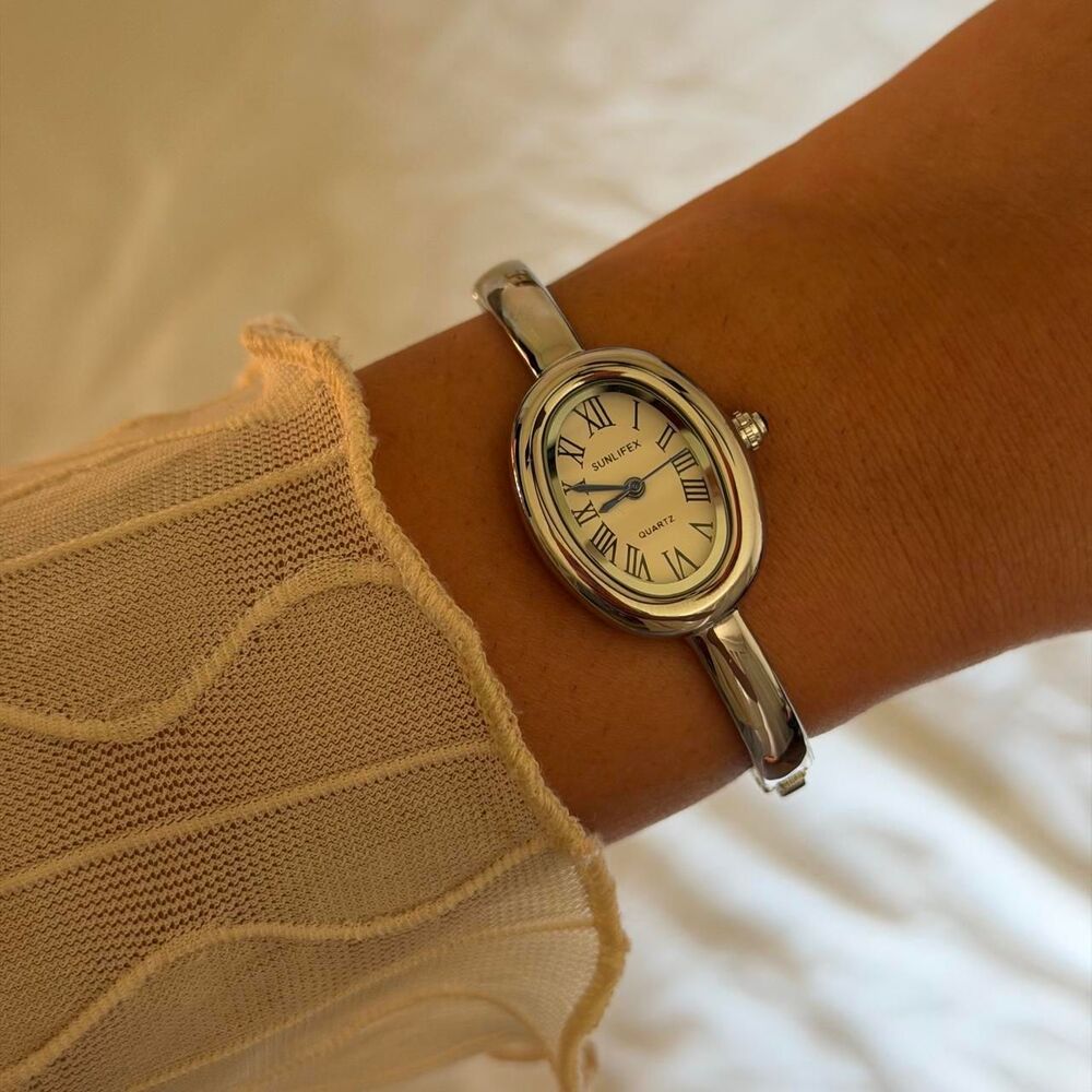 Vintage Inspired Silver Oval Roman Numeral Quartz Cuff Watch